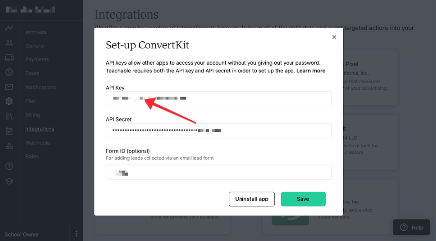 ConvertKit In The API Key Field