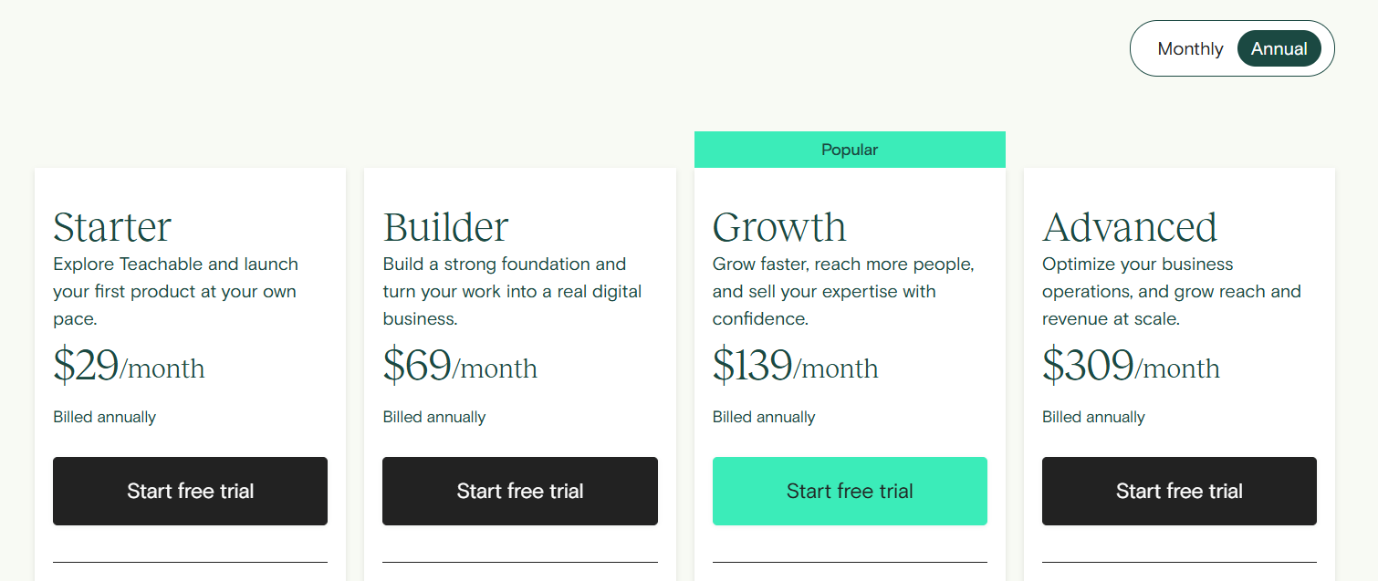Teachable Pricing Page