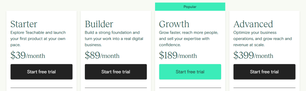 Teachable Pricing Page